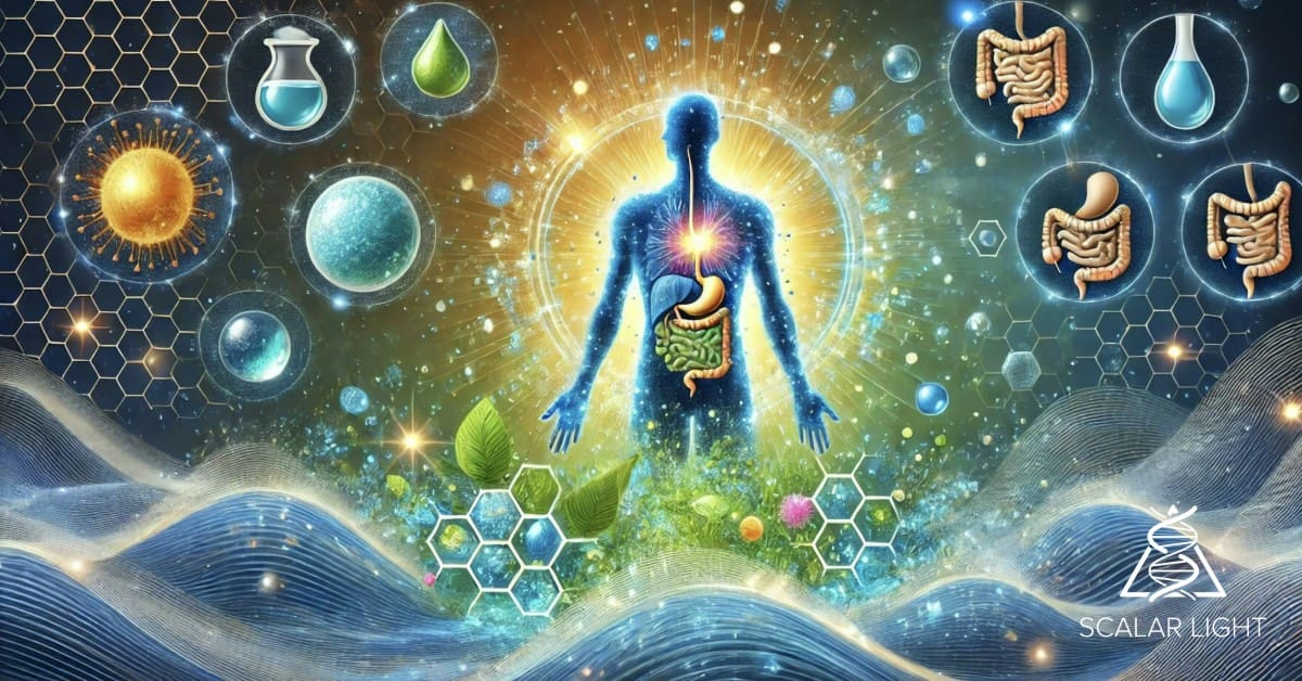 Health Benefits of Scalar Energy Water Illustration representing the health benefits of scalar energy water, featuring a vibrant human silhouette with glowing cells symbolizing hydration and cellular function, surrounded by scalar energy waves, detoxifying water droplets, and digestive health icons in a bright blue and green color palette.