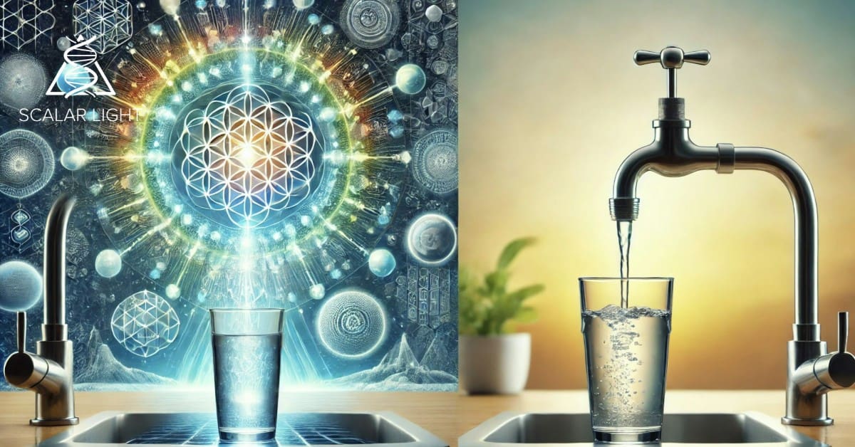 Scalar Energy Water vs. Traditional Hydration Methods Comparing scalar energy water to regular tap water, featuring a glowing glass of scalar energy water emitting energy waves and geometric patterns on the left, and a plain glass of tap water beneath a dripping faucet on the right, with a serene environment contrasting with a minimalist setting to emphasize the differences.