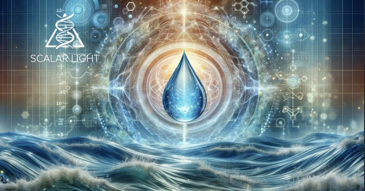 The Science Behind Scalar Energy Water Illustration visualizing the science behind scalar energy water, featuring a glowing water droplet surrounded by scalar energy waves and geometric patterns symbolizing molecular alignment, set against a backdrop of quantum physics grids and rippling water in calming blue hues.